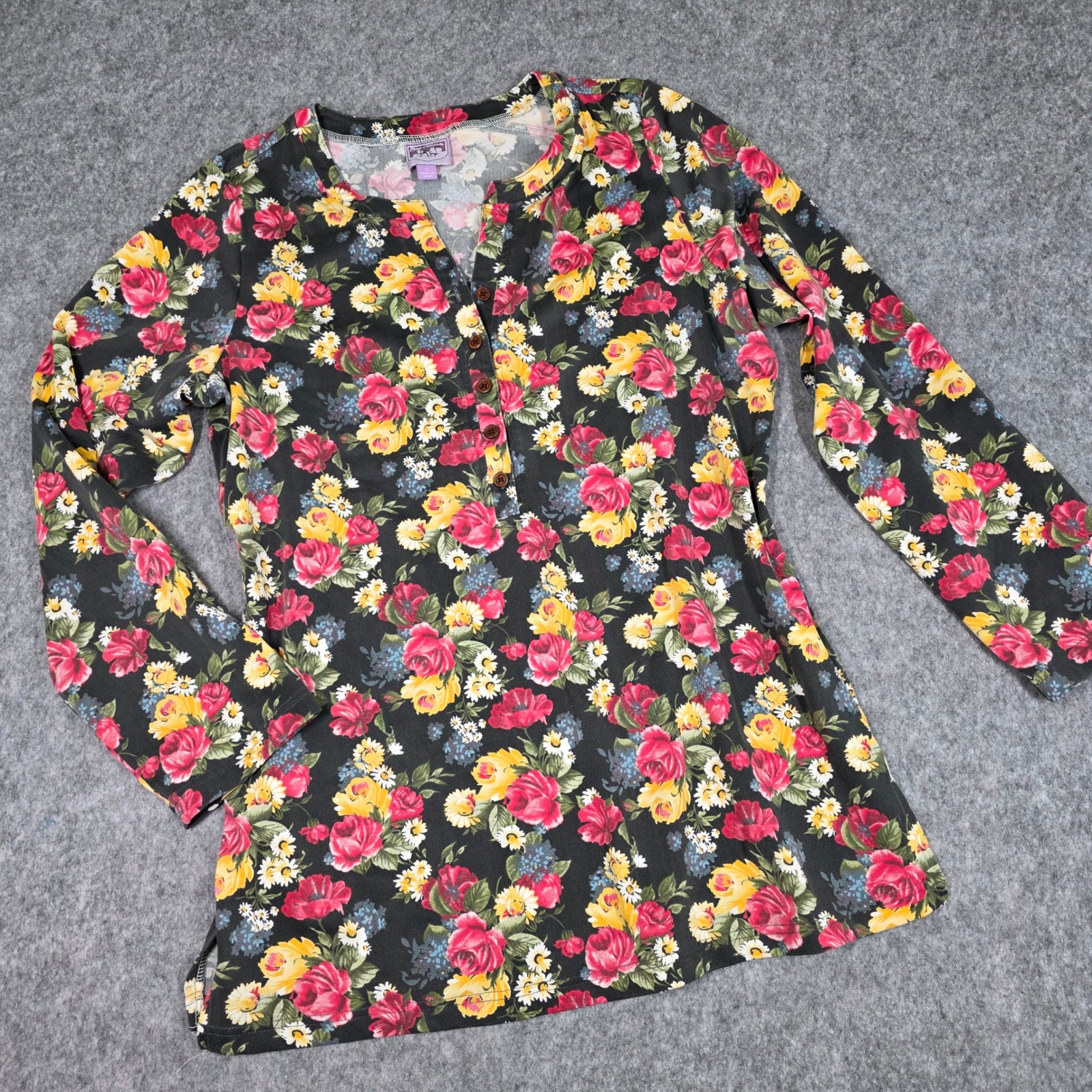 Floral Henley Shirt Top Roses Long Sleeve Large Cottagecore Feminine Grandmacore